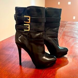 Michael Kors Women's Mae Boots Size 7 Platform Stiletto Black Leather Dress Shoe